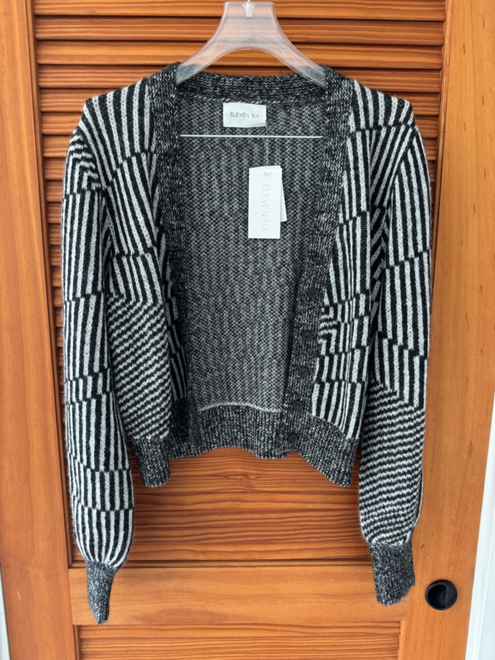 ELEVEN SIX Baby Alpaca Black & White Striped Geometric Knit Cardigan Sweater
